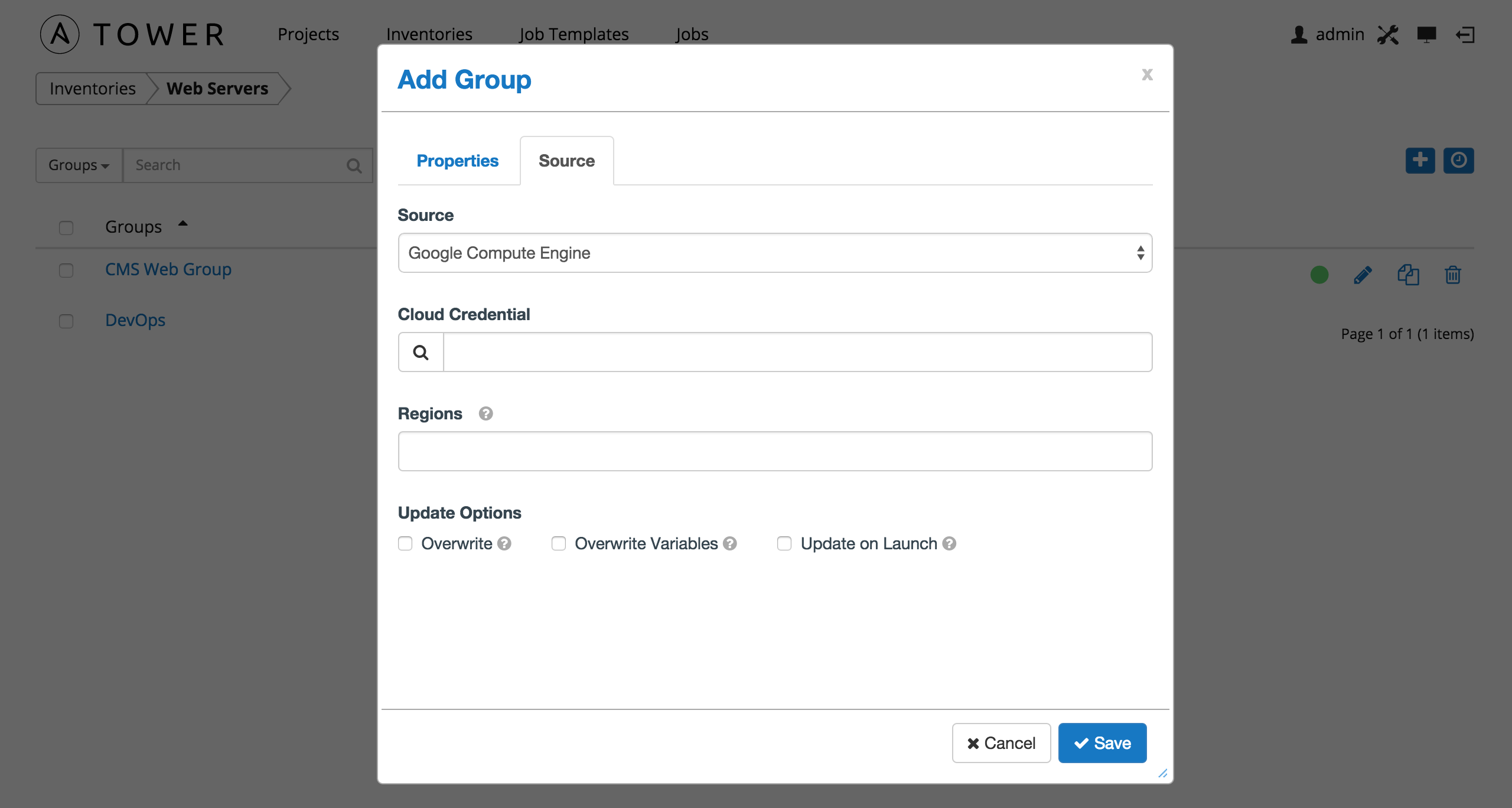 Inventories - create GCE group for example inventory