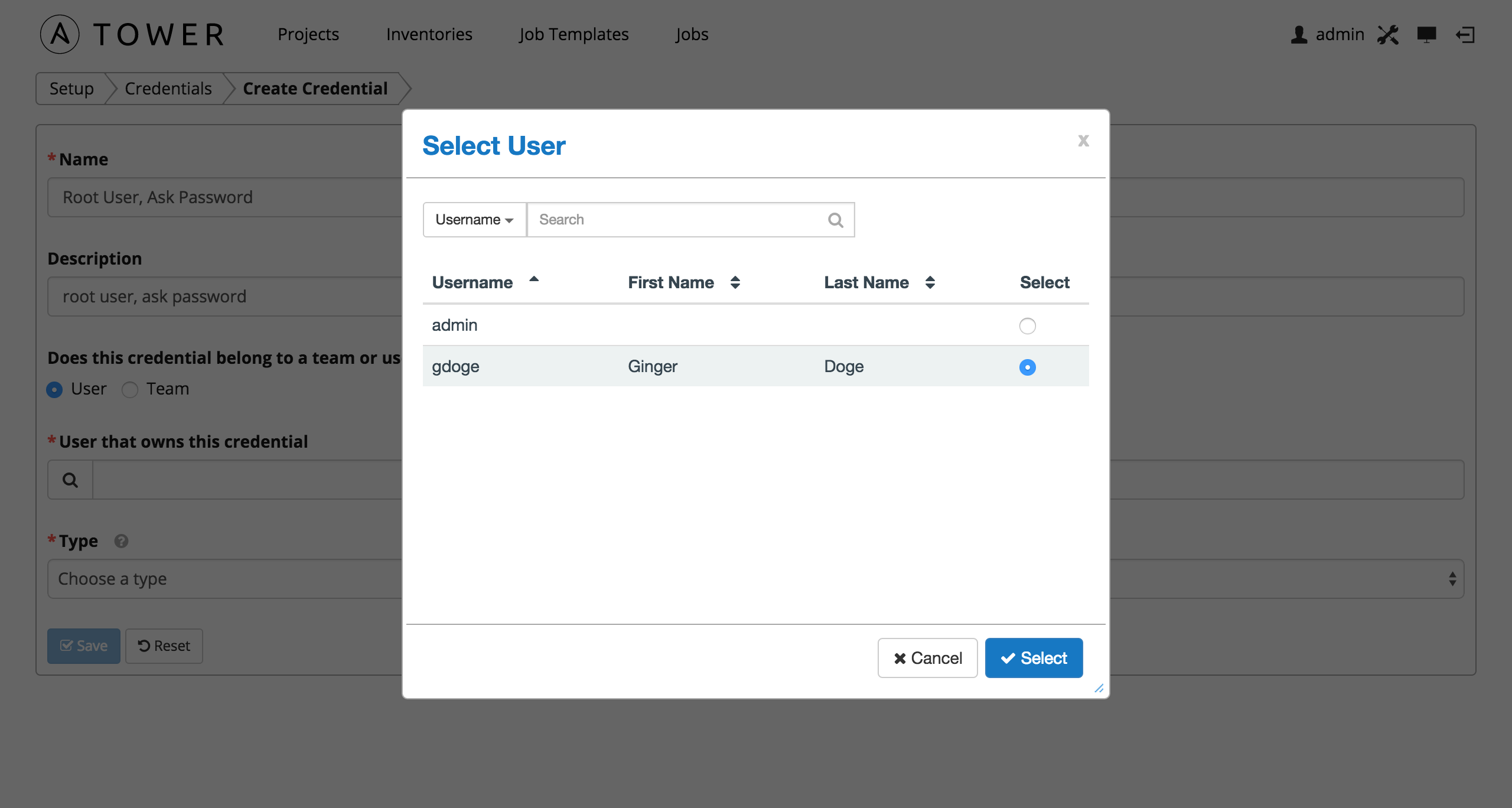 Credentials - select the user for new credential