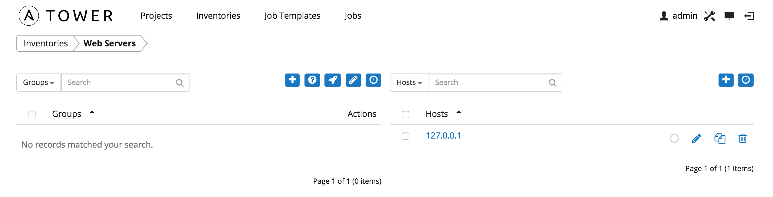 Inventories - hosts index showing added host