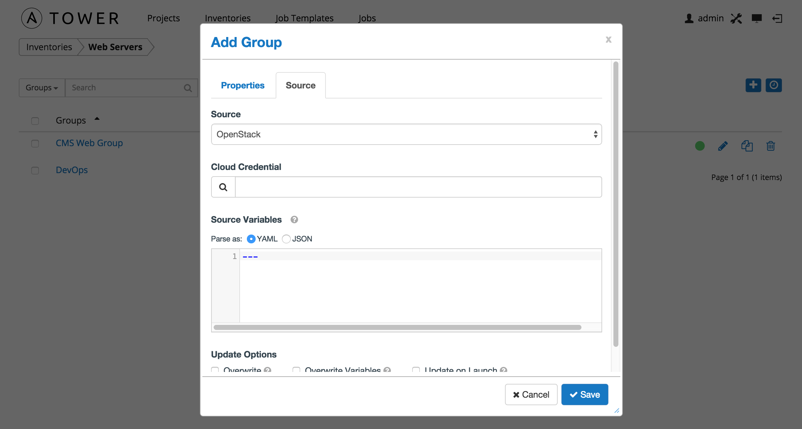 Inventories - create OpenStack group for example inventory