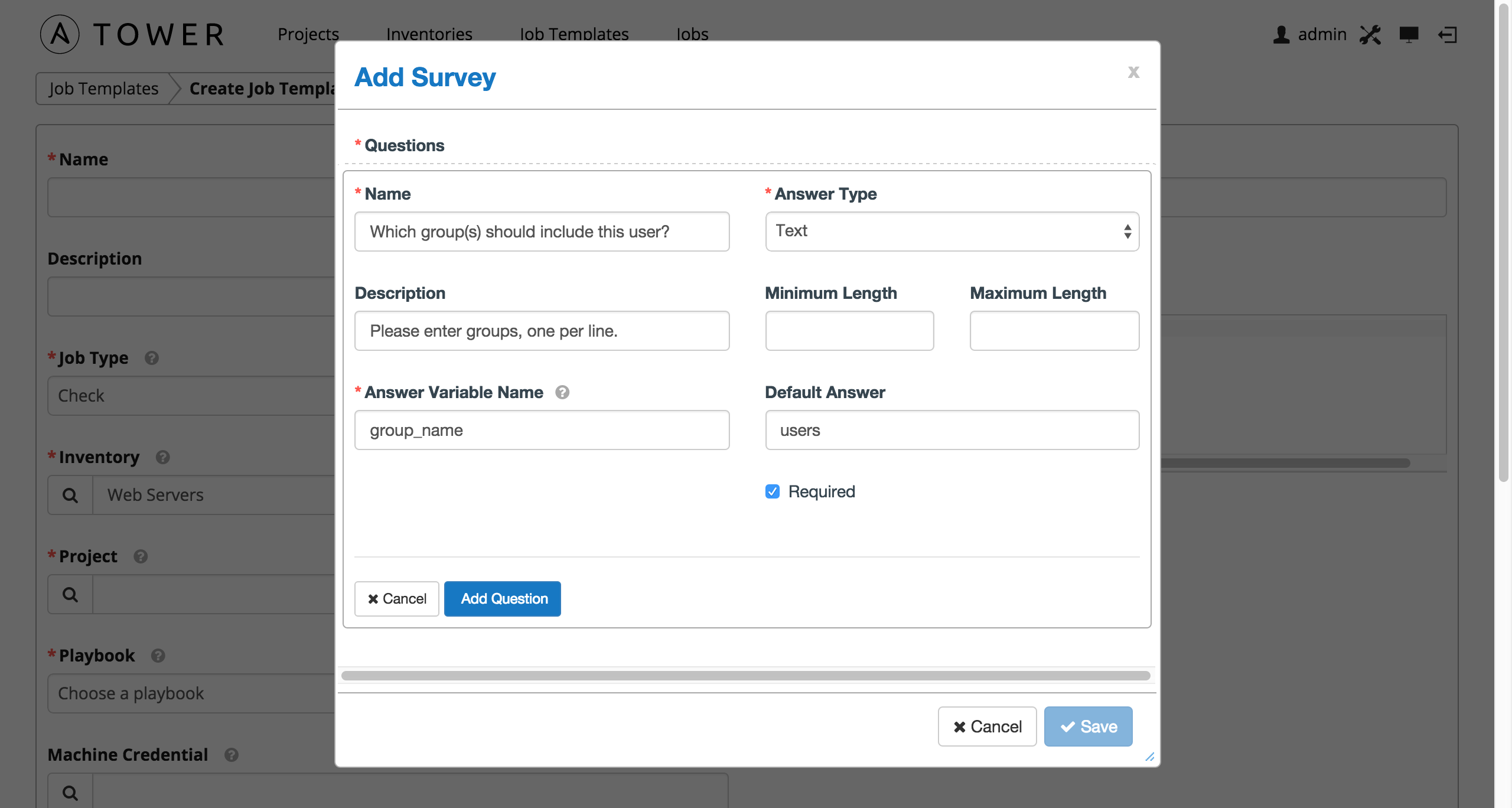 Job template - create survey