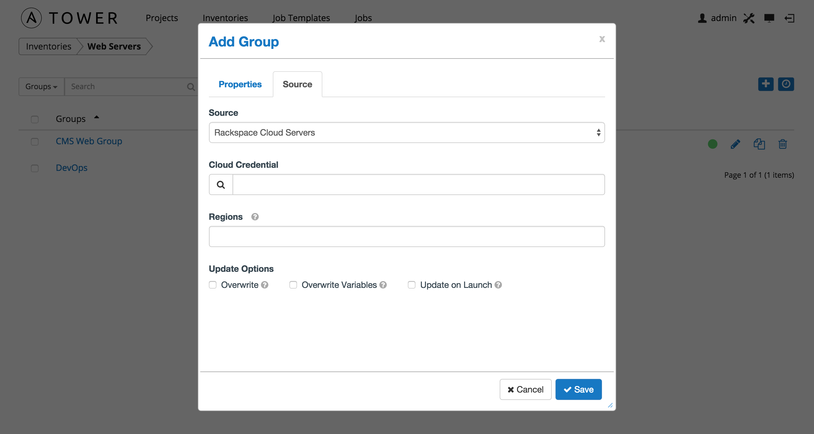 Inventories - create Rackspace group for example inventory
