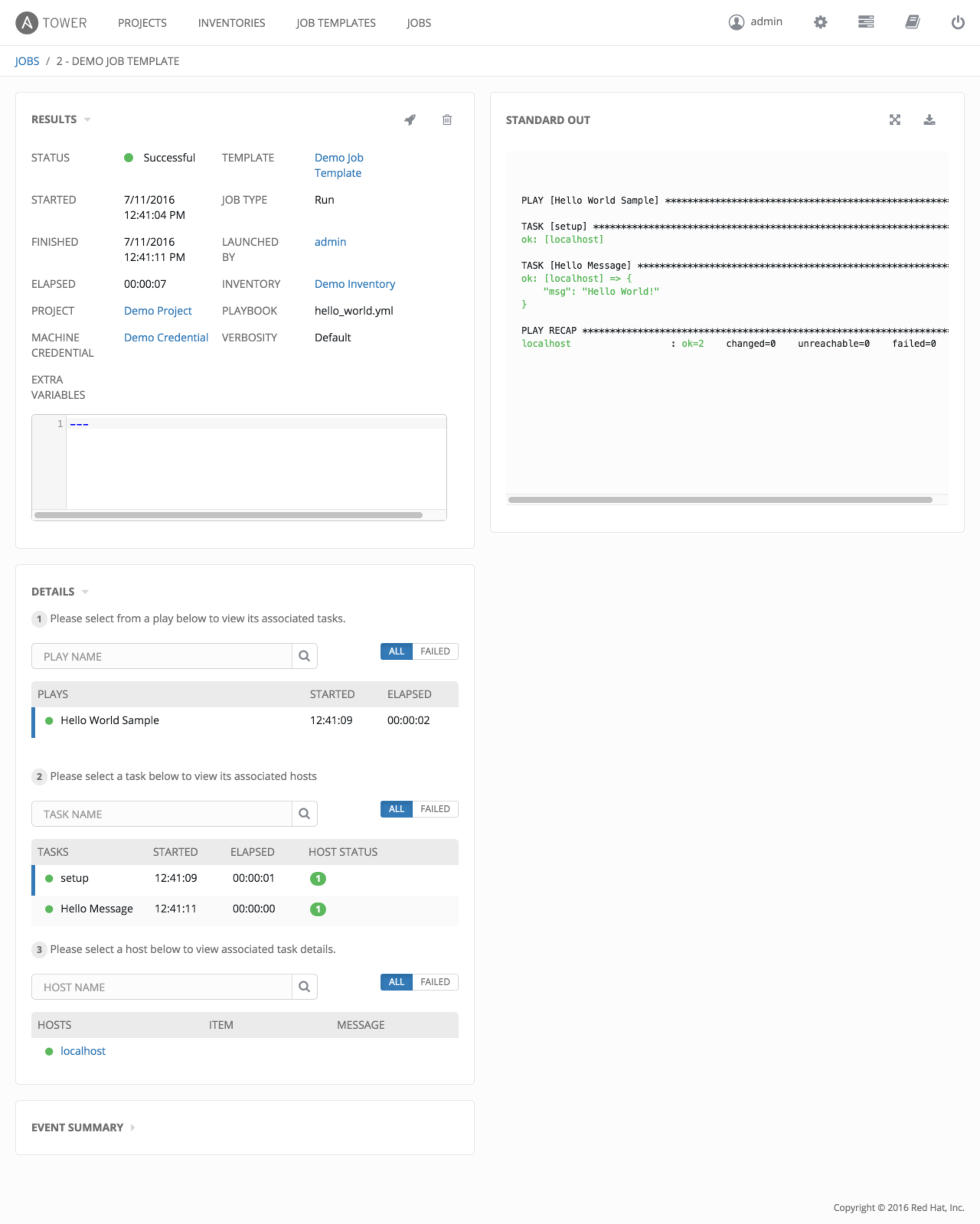 Jobs - show job results for example job, playbook