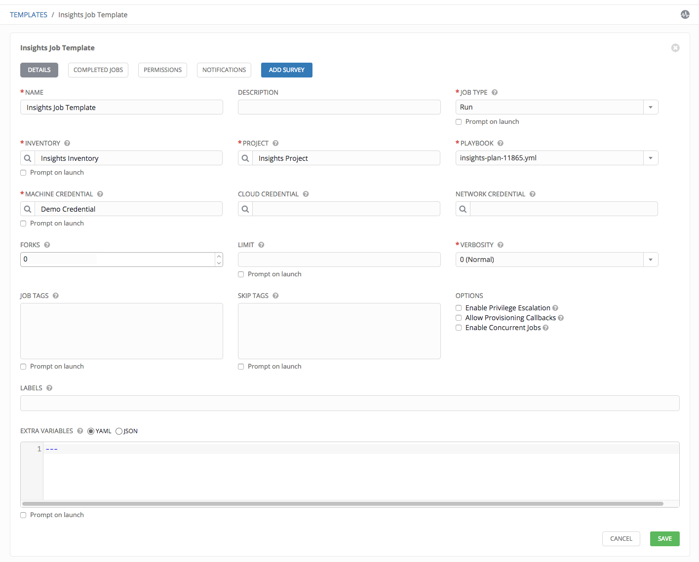 Insights - create demo insights job template form