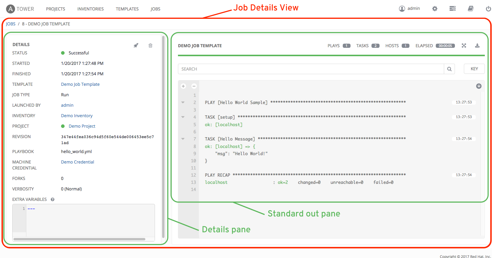 Jobs - show job results for example job, playbook