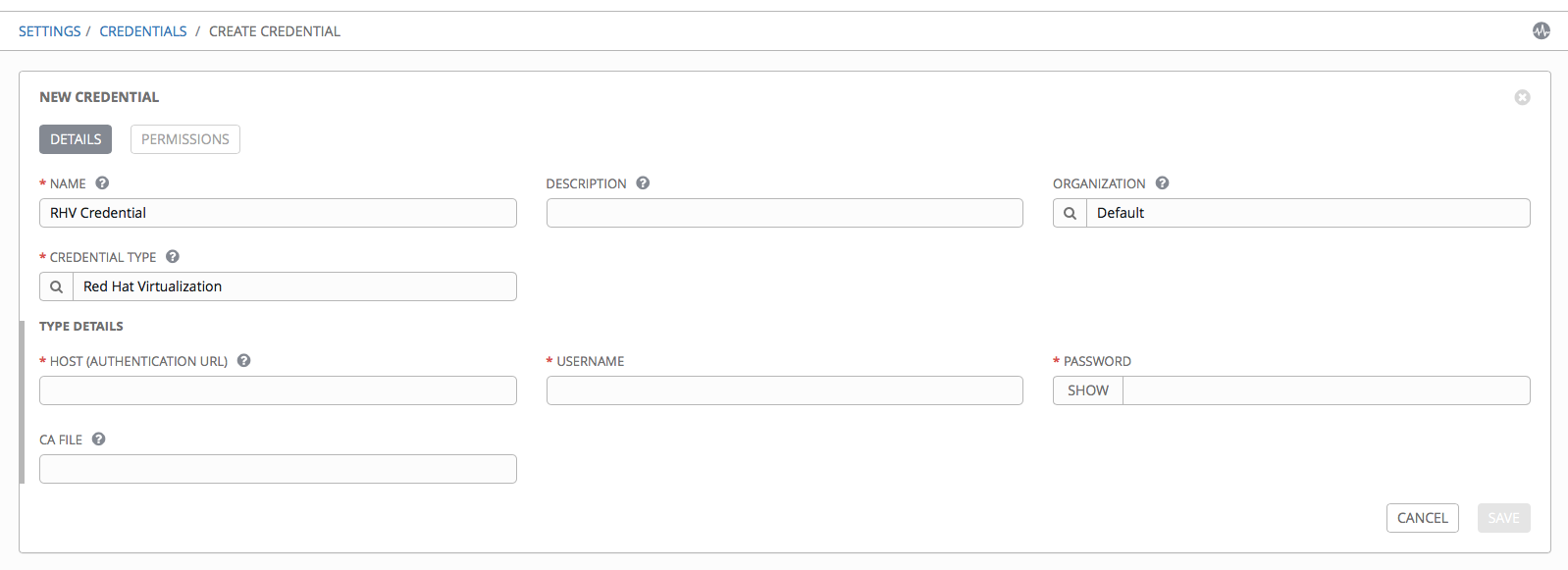 Credentials - create rhv credential