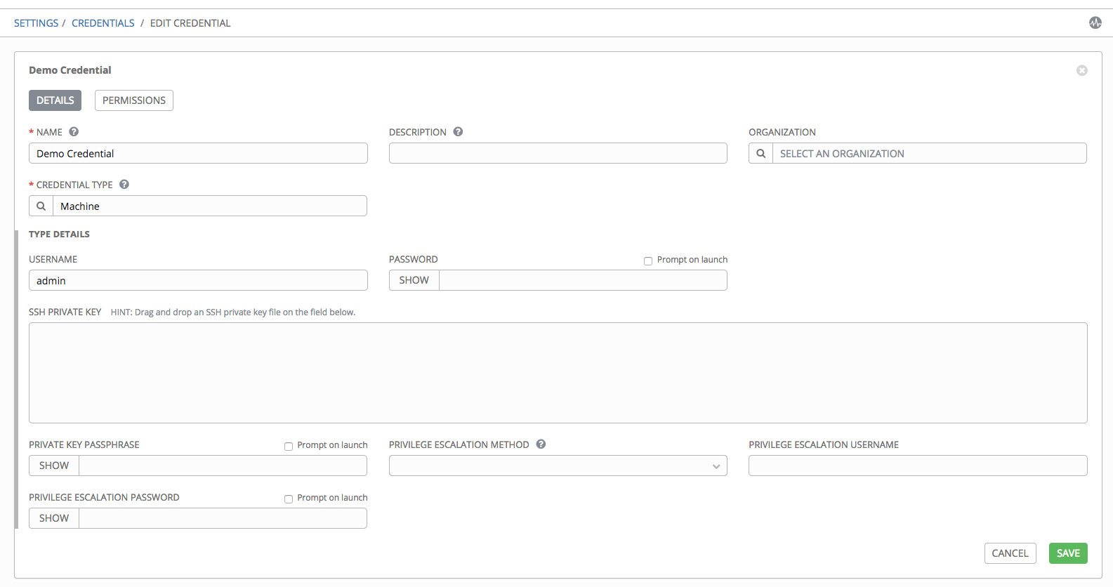 Credentials - home with demo credential details