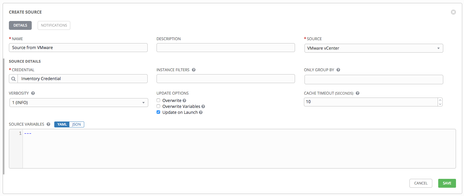 Inventories - create source - VMWare example