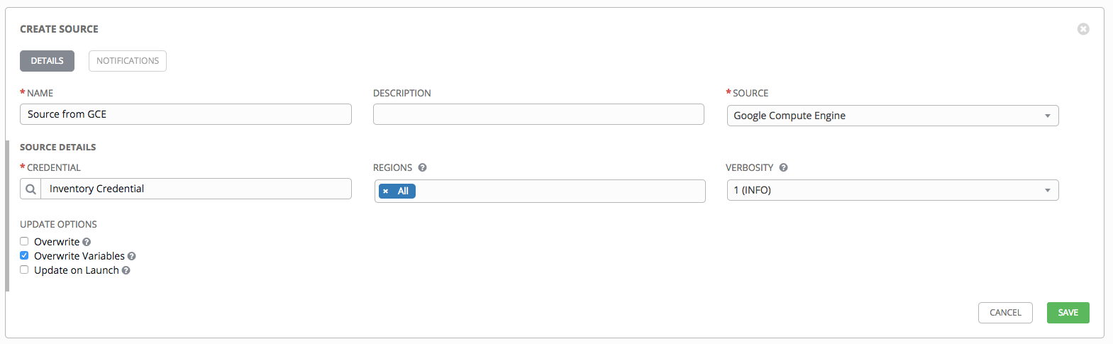 Inventories - create source - GCE example