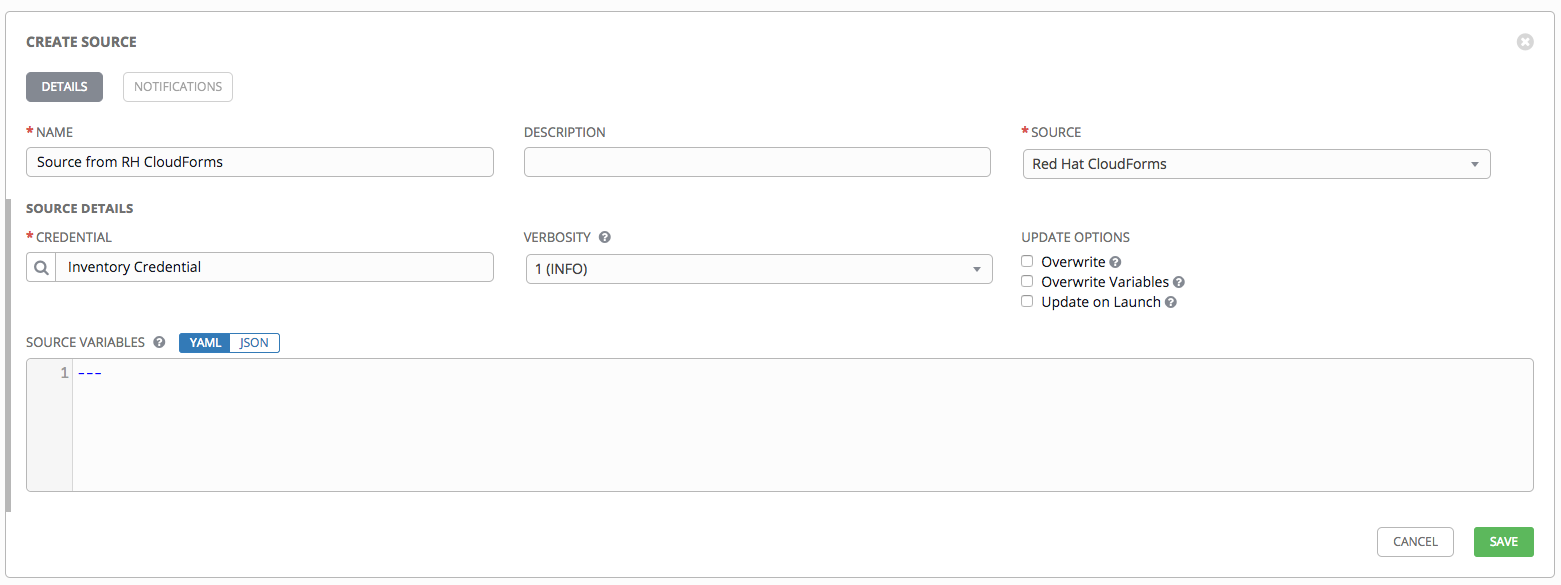 Inventories - create source - RH CloudForms example