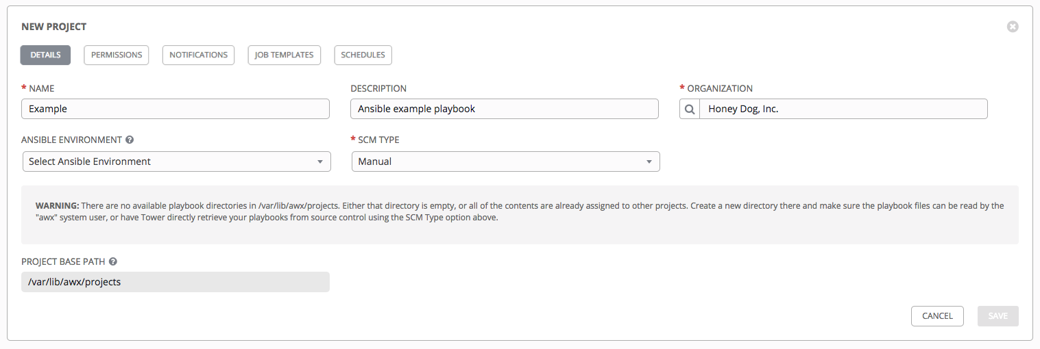 Projects - create new warning