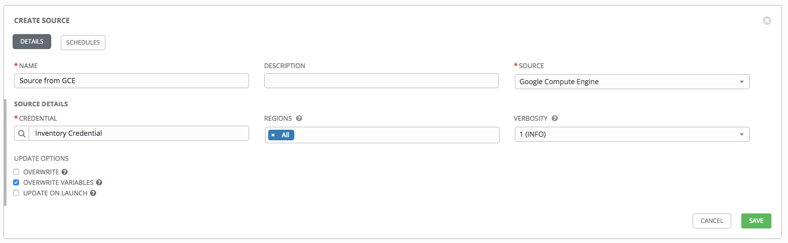 Inventories - create source - GCE example