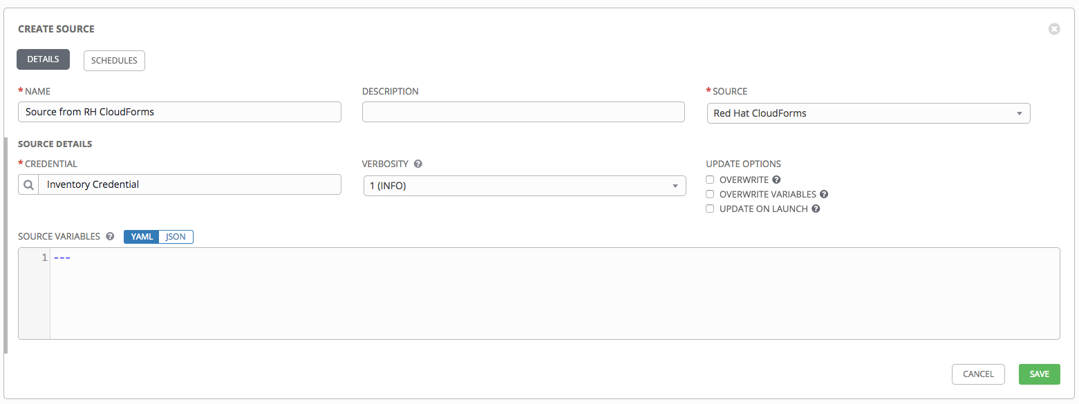 Inventories - create source - RH CloudForms example