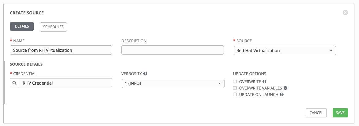 Inventories - create source - RHV example