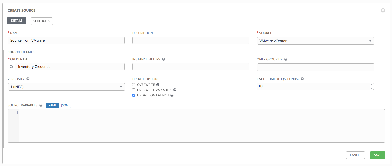 Inventories - create source - VMWare example