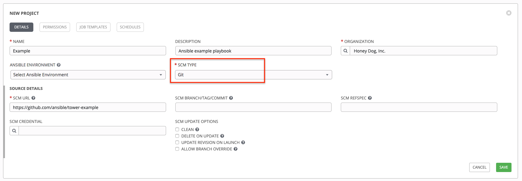 Projects - create SCM project