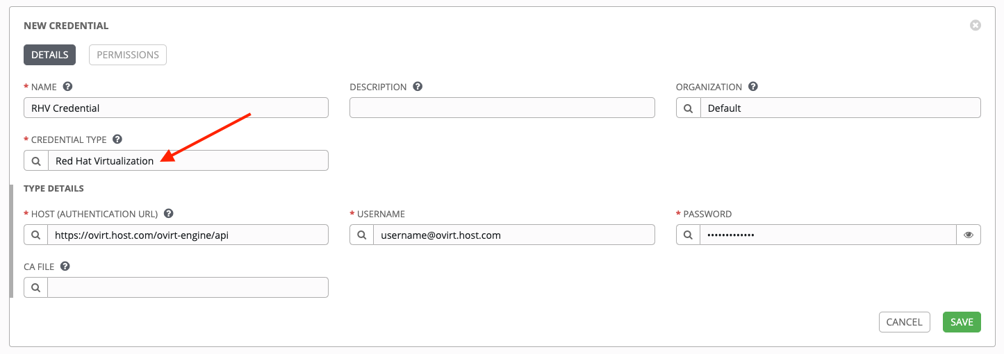 Credentials - create rhv credential