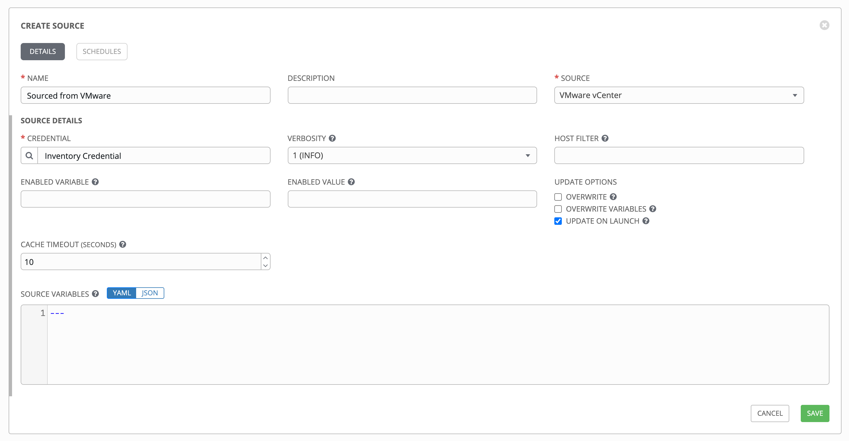 Inventories - create source - VMWare example