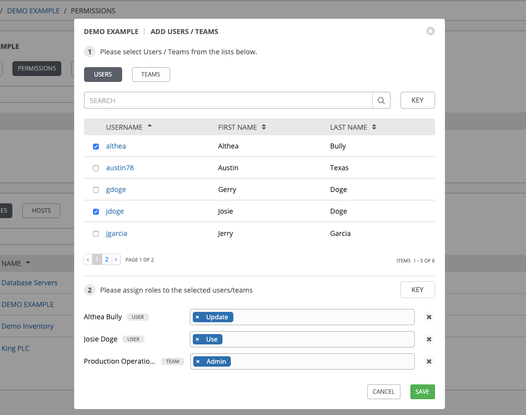 Add Permissions - Examples of roles applied