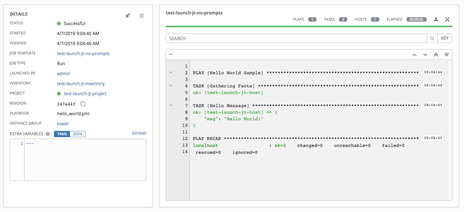 Jobs - show job details pane for example job, playbook