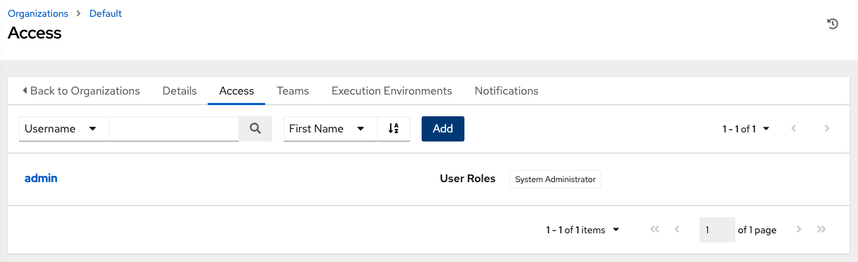 Organizations - default admin user