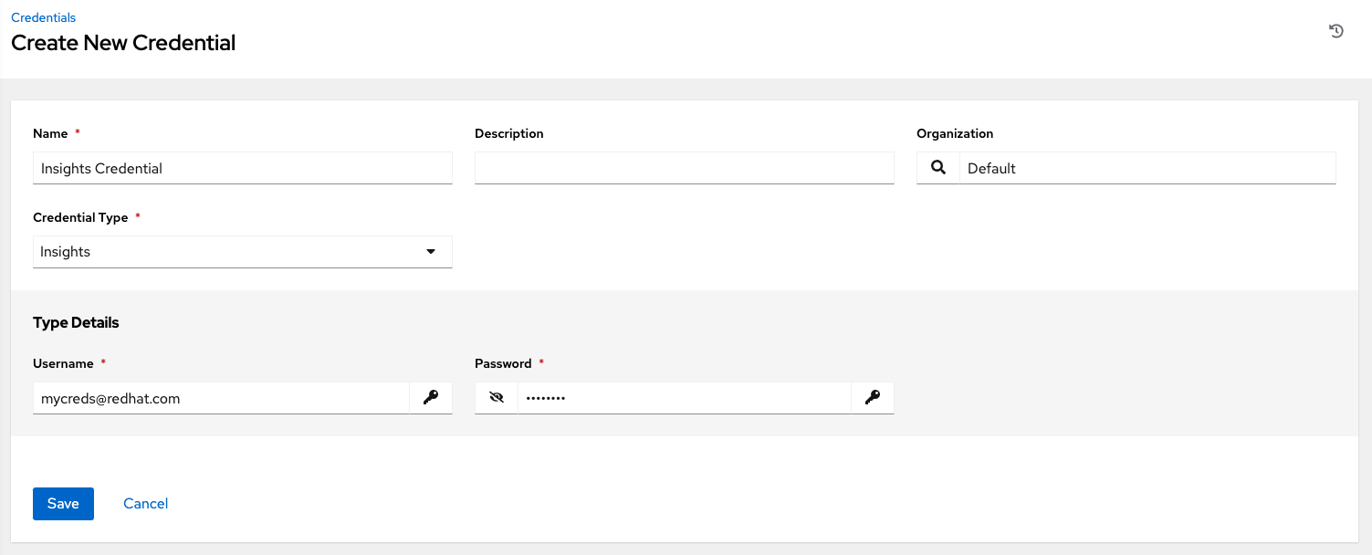 Credentials - create with demo insights credentials