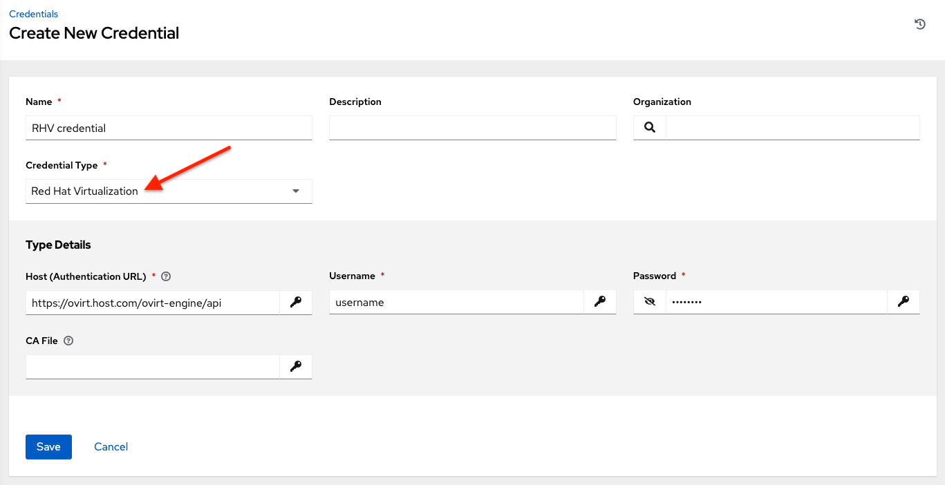 Credentials - create rhv credential