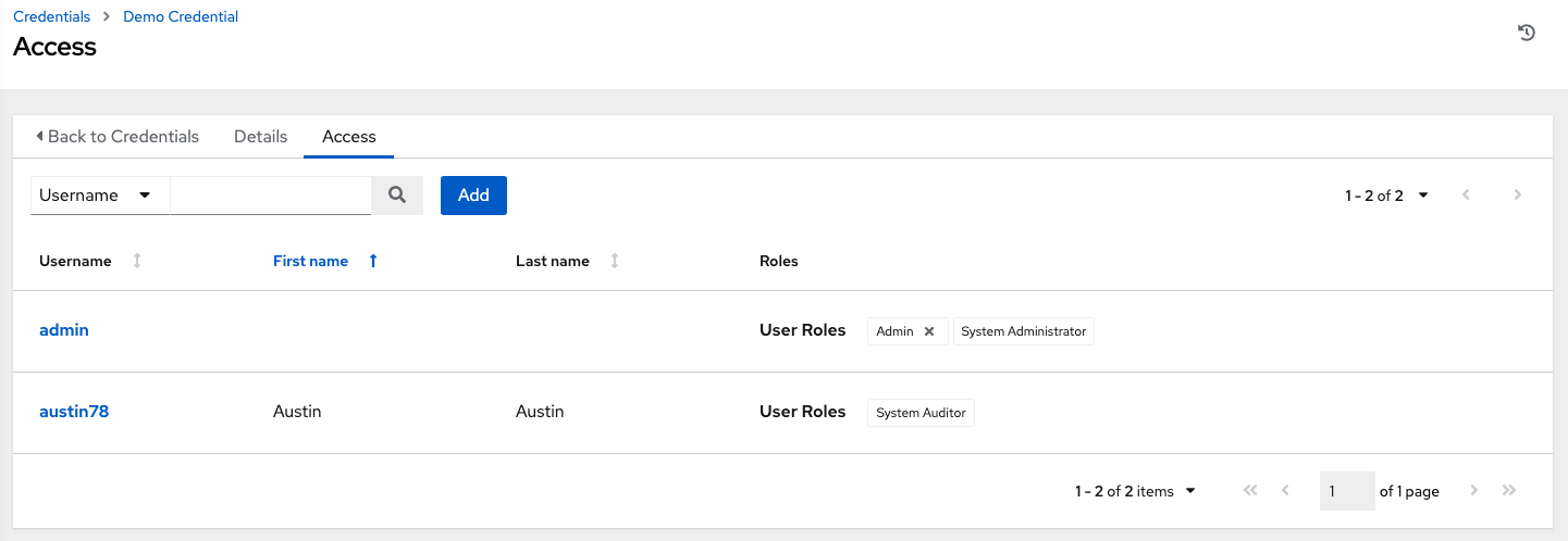 Credentials - home with permissions credential details