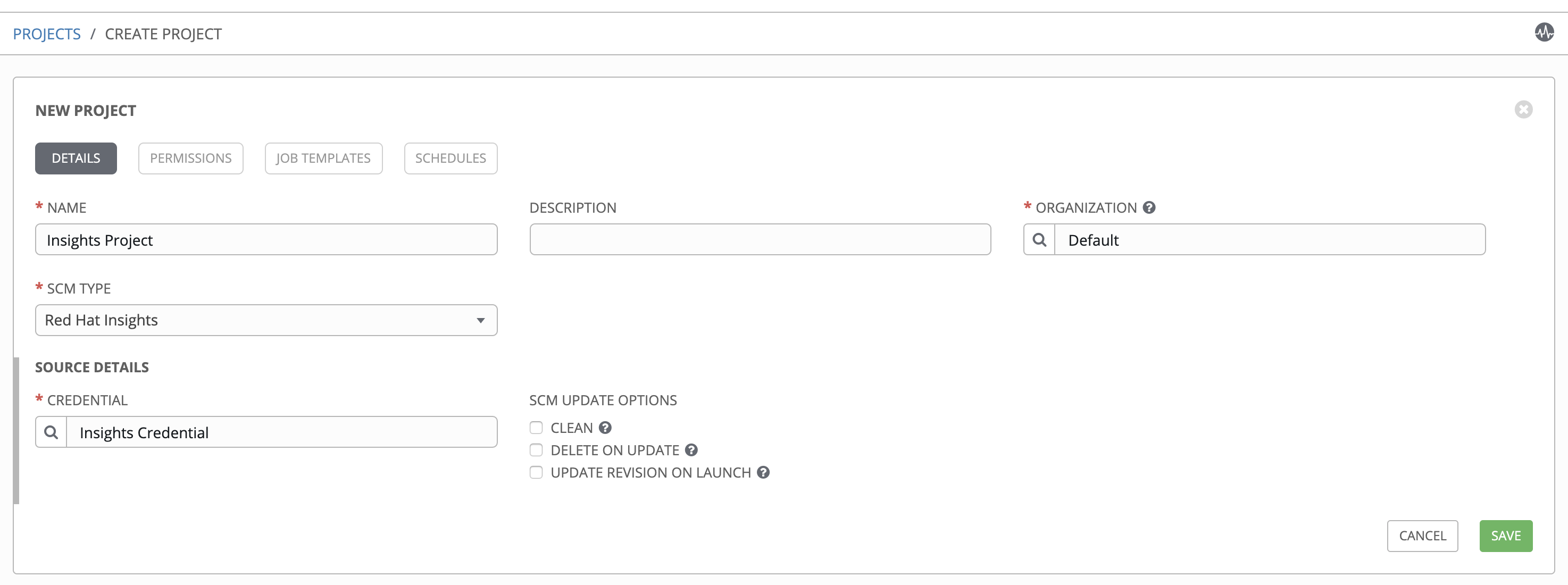 Insights - create demo insights project form