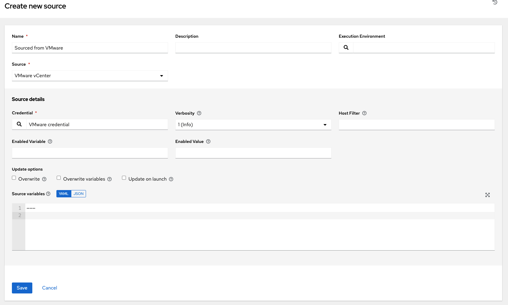 Inventories - create source - VMWare example