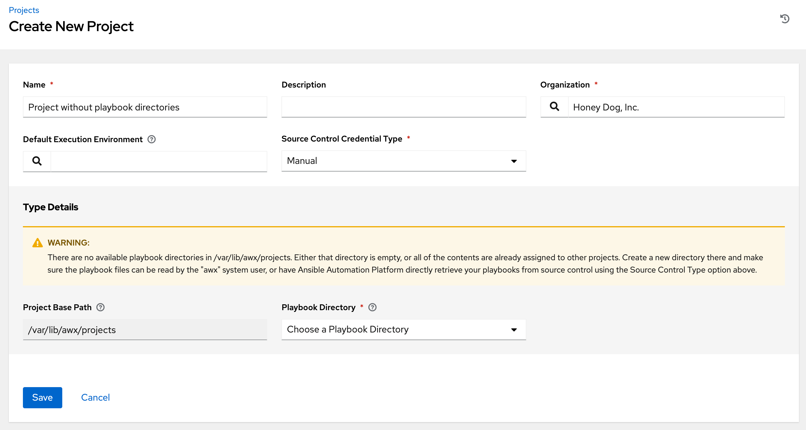 Projects - create new warning