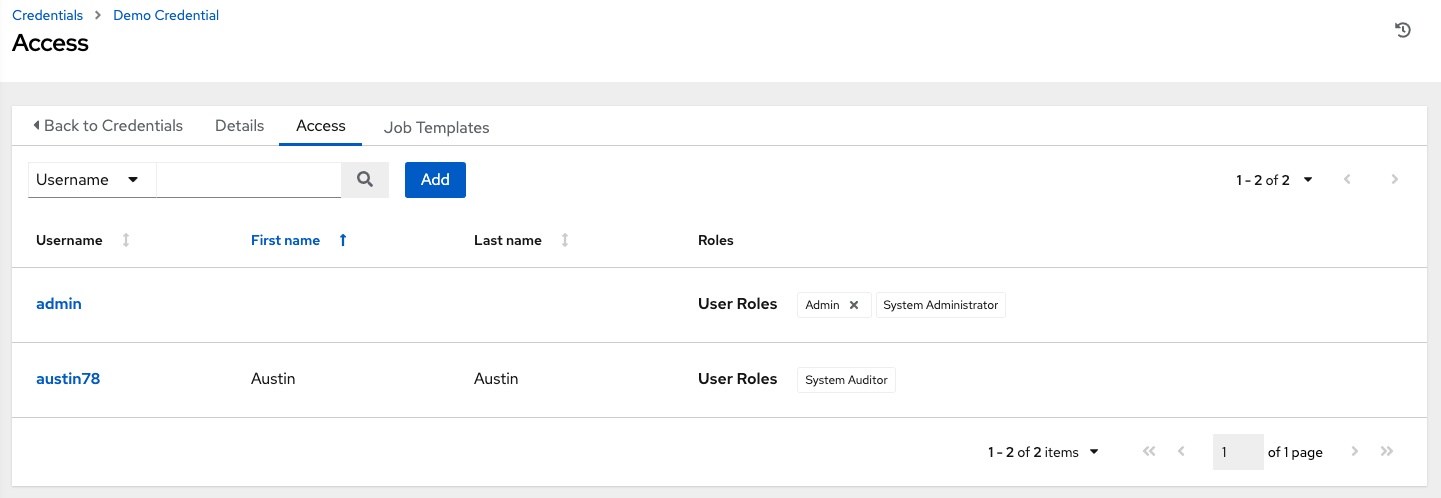 Credentials - home with permissions credential details