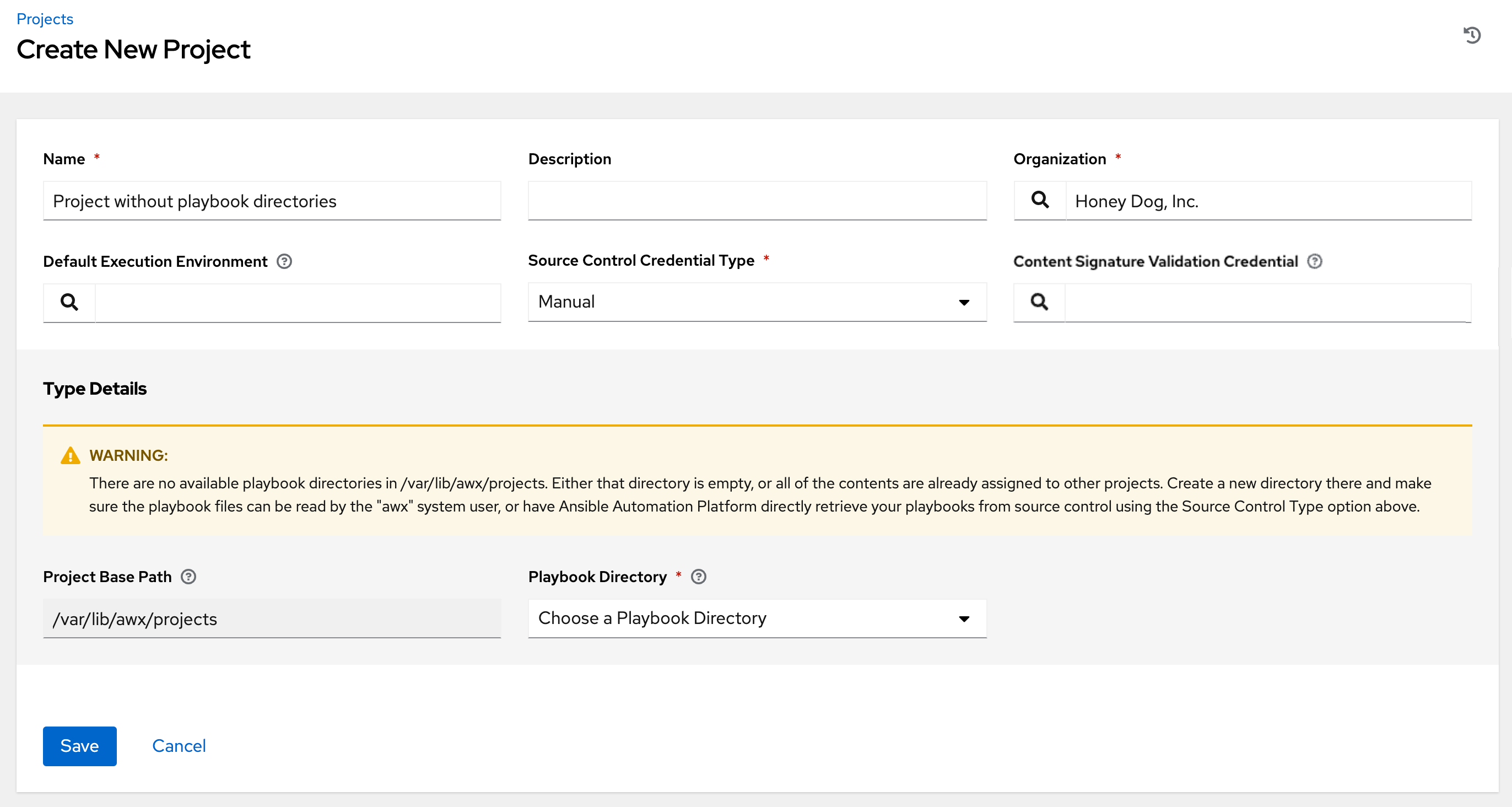 Projects - create new warning