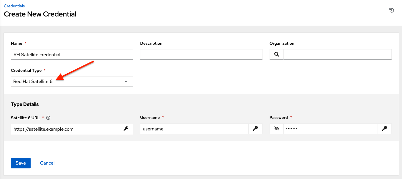 Credentials - create Red Hat Satellite 6 credential